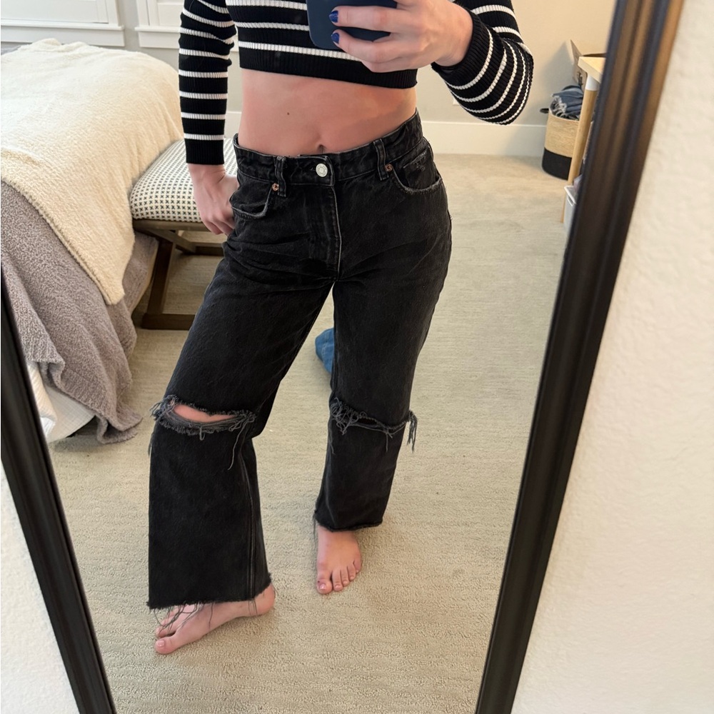 Zara Black Flare Wide Leg Jeans with Distressed Details